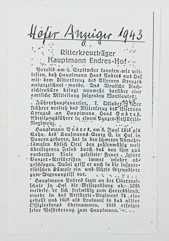 Signature of Wehrmacht Heer KC Recipient 'Hans Endres'