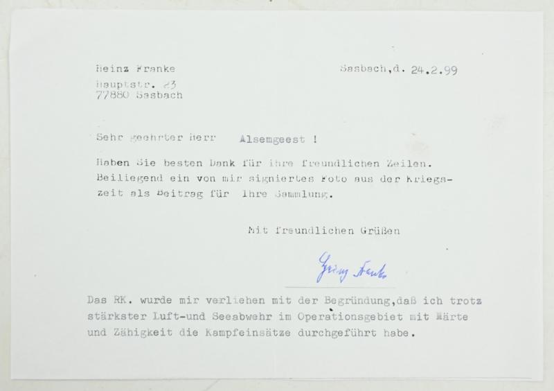 Signature of Kriegsmarine KC-Recipient 'Heinz Franke'