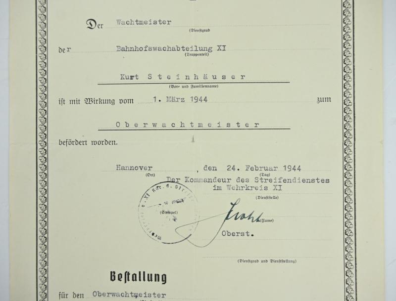 German WH Streifendienst Rank Promotion Certificate