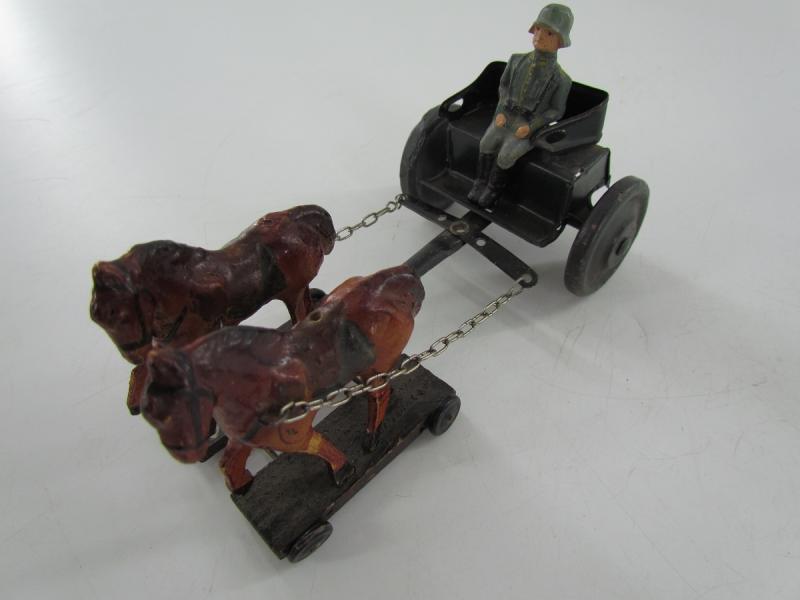 Pre War German Composition 2 Horse Drawn Carriage With CannonToy