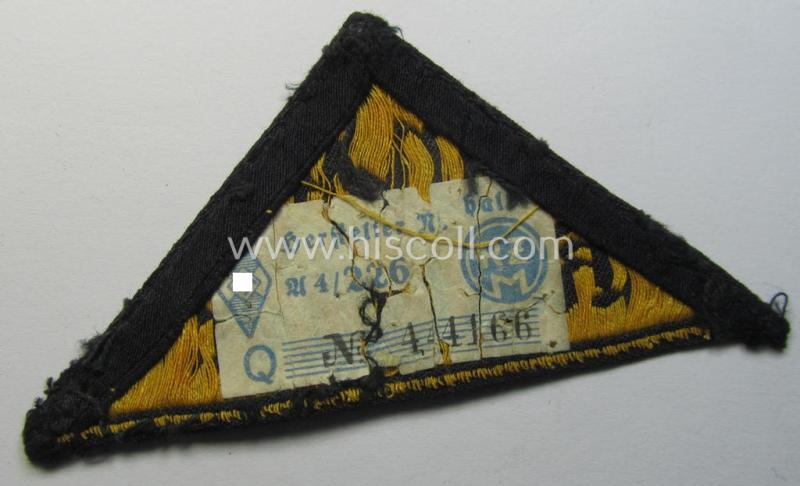 Attractive - and not that easily found! - 'HJ' ('Hitlerjugend') district-triangle (ie. 'Gebietsdreieck') entitled: 'West Kurhessen' (being a moderately used- ie. worn example that still retain its period-attached 'RzM'-etiket)