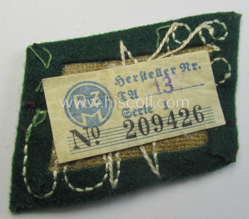 SA (ie. 'Sturmabteilungen') collar-patch-pair (ie. 'Kragenspiegelsatz') as executed in darker-green-coloured wool as was intended for an: 'SA-Scharführer' serving within the 'SA-Standarte M50' ('SA-Gruppe Kurpfalz o. Nordsee')