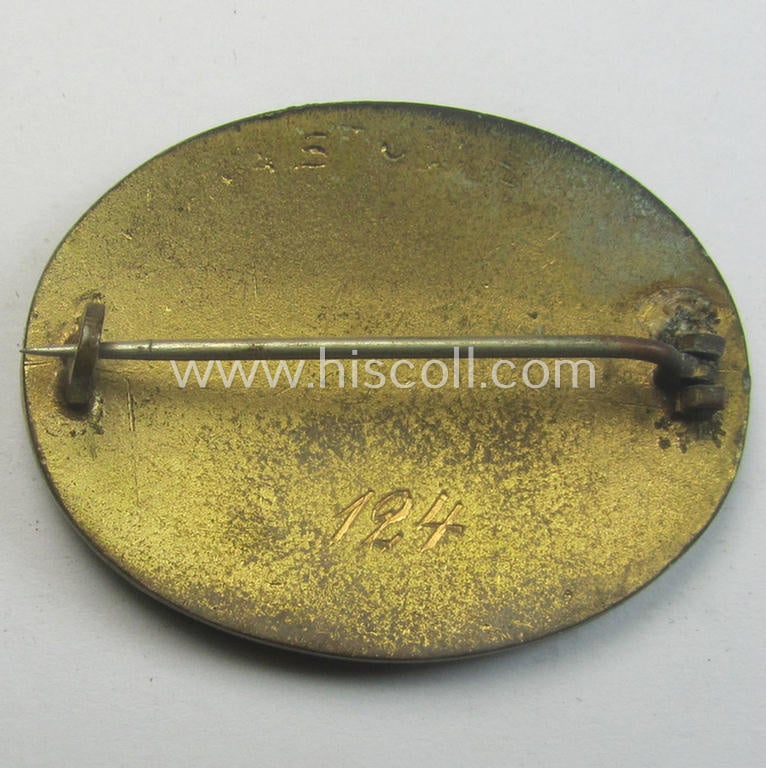 'Vaterländischer Frauen-Verein vom Roten Kreuz' so-called: nurses'-badge entitled: 'HS' (ie. 'Hilfsschwester') being an oval-shaped- and/or maker-marked specimen showing an engraved bearers'-number: ('124') and towns'-name: 'Magdeburg'