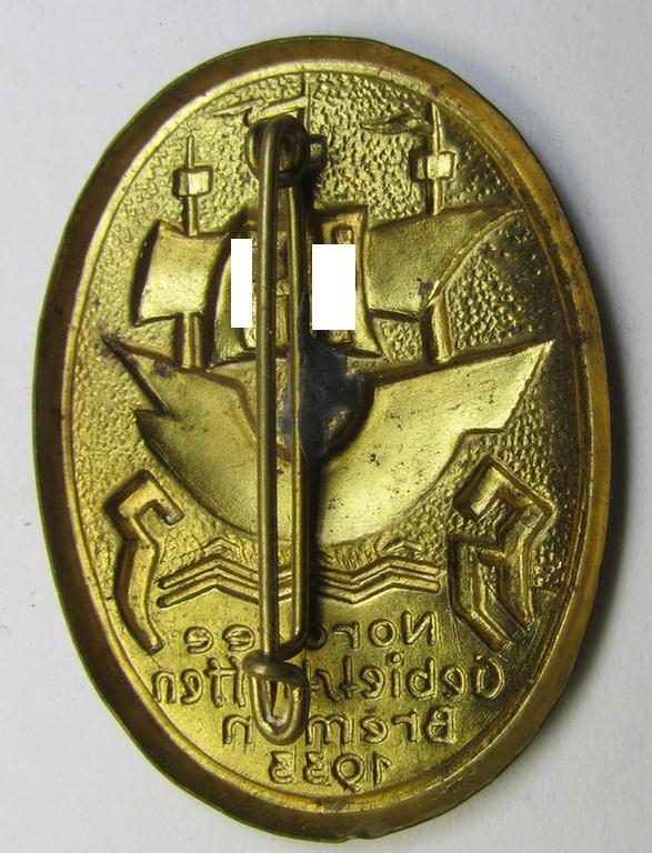 Neat - and scarcely encountered! - HJ (ie. 'Hitlerjugend'-) related 'tinnie', being a non-maker-marked example, showing an old-styled ship and text: 'H.J. - Nordsee Gebietstreffen - Bremen - 1933'