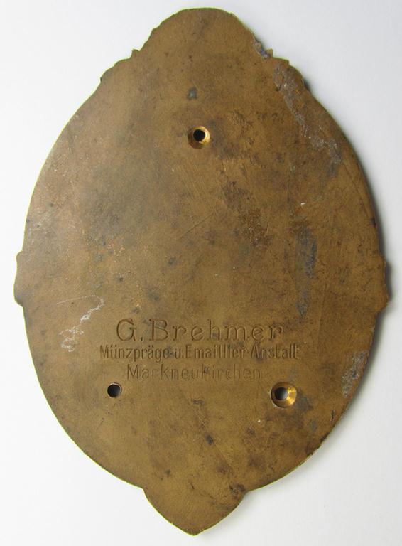 Commemorative, bronze-toned A.D.A.C.-related car-plaque (ie. 'Erinnerungs- o. nichttragbare Fahrzeug-Medaille des A.D.A.C.') showing two enamelled shields and text: 'Zielfahrt Gau IIb - Motor-Sp.-Club Tangermünde - 29.6.1930'
