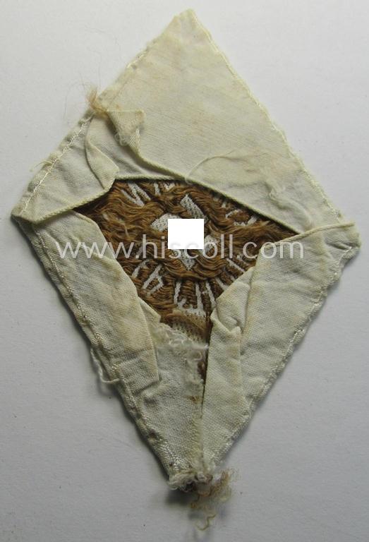 Neat - clearly used- ie. carefully tunic-removed! - HJ- (ie. 'Hitlerjugend') 'Leistungsabzeichen in Bronze in Stoff' (or: cloth bronze-class youth sports'-badge) as executed in the: 'BeVo'-weave pattern that has lost its  'RzM'-etiket