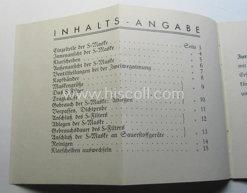 Neat - and actually scarcely encountered! - example of the 16-paged- and/or small-sized booklet on the German 'standard'-issued 'Wehrmacht' gasmask ('Model S'), entitled: 'Die S-Maske'