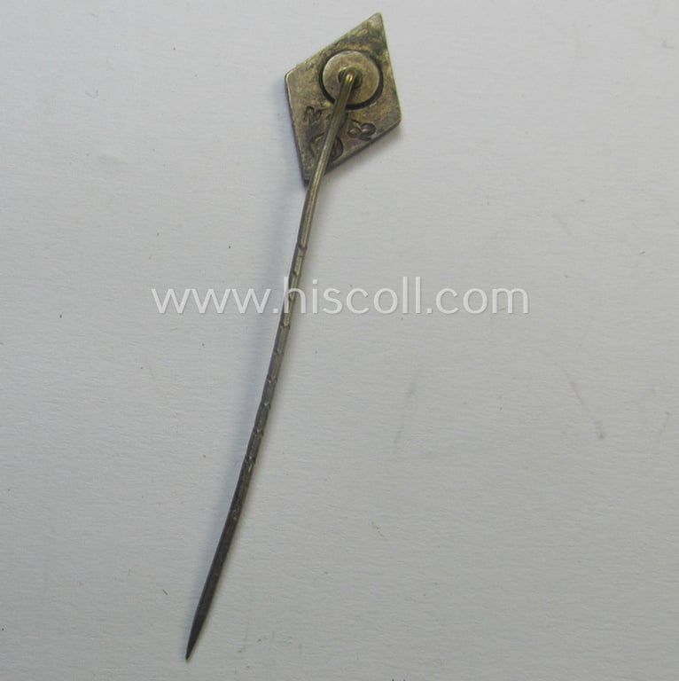Attractive, 'NS-Studentenbund' enamelled lapel-pin (ie.: 'Raute') being a bright-red-, black- and white-coloured- and/or detailed example showing a clear makers'- (ie. 'RzM M1/52'-) designation on its back