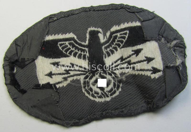Superb - I deem 'variant'-pattern! - 'Postschutz'-arm-badge (ie. arm-eagle) being a piece as executed in the 'BeVo'-weave-pattern onto a black-coloured background and that comes in a moderately used- (ie. clearly tunic-removed-), condition