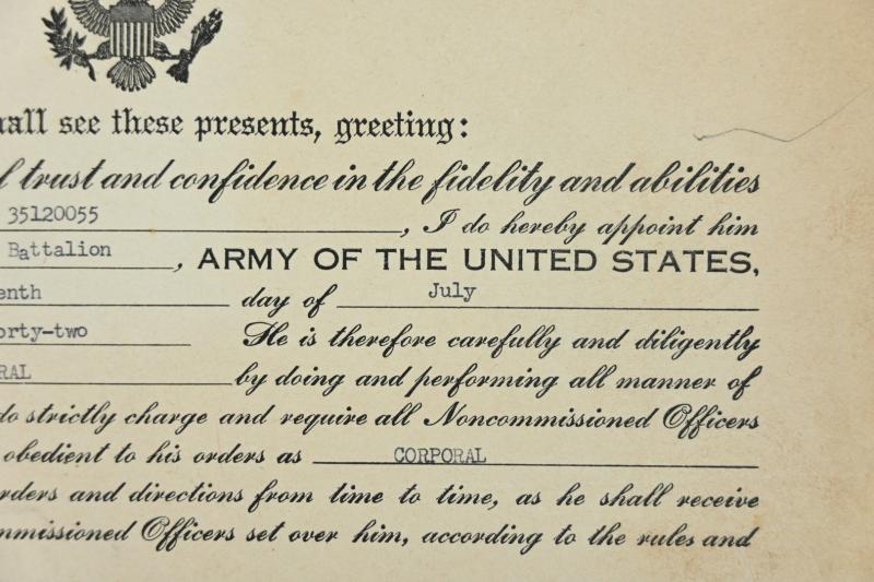 US WW2 Promotion Certificate Cpl. Allen L. Johnson 504th MP Battalion