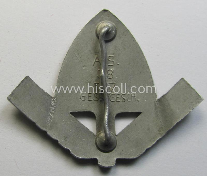 Attractive, aluminium-based EM- (ie. NCO-) pattern, RAD (ie. 'Reichsarbeitsdienst') cap-badge being a maker- (ie. 'A.S. - 38.'-) marked- and/or very detailed example that was specifically intended for usage on the RAD-caps (aka: 'Kaffeebohnen')