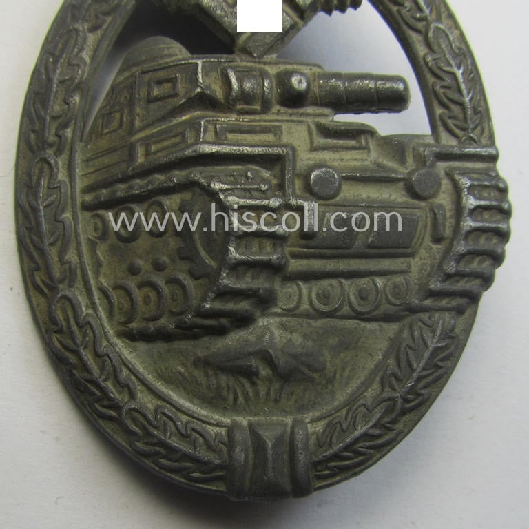 Incomplete 'hollow'-styled, 'Panzerkampfabzeichen in Silber' (or: silver-class panzer-assault badge or PAB) being a zinc- (ie. 'Feinzink'-) based version as was procuced by the: 'B.H. Mayer'- (ie. 'Otto Schickle'-) company