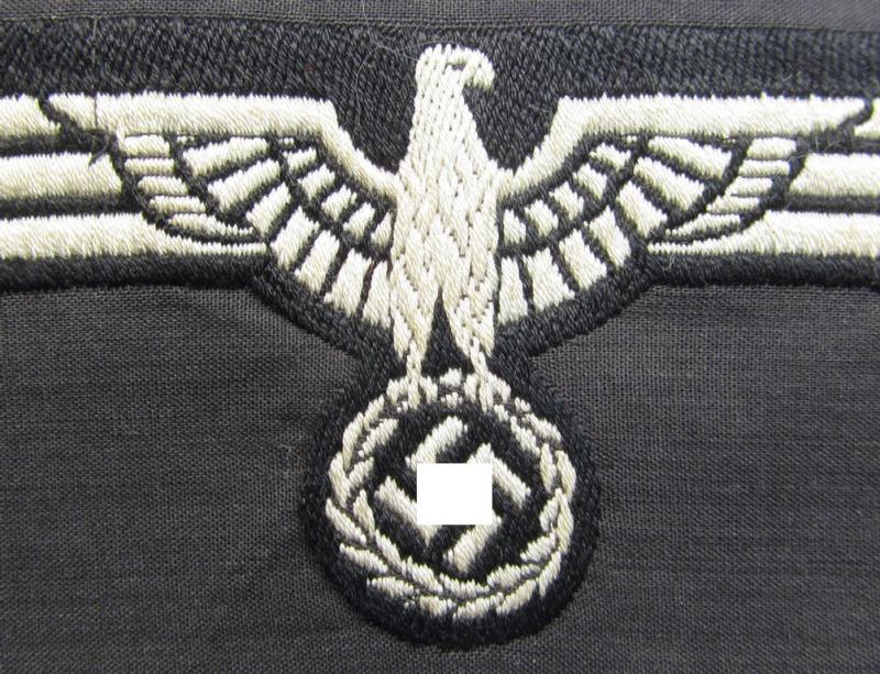 Neat, WH (Heeres) early- (ie. pre-) war-period- and/or white-coloured 'Panzer'-type breast-eagle of the so-called: 'M35'- (ie.'M36'-) pattern as was executed in the neat 'BeVo'-weave pattern on a black-coloured background