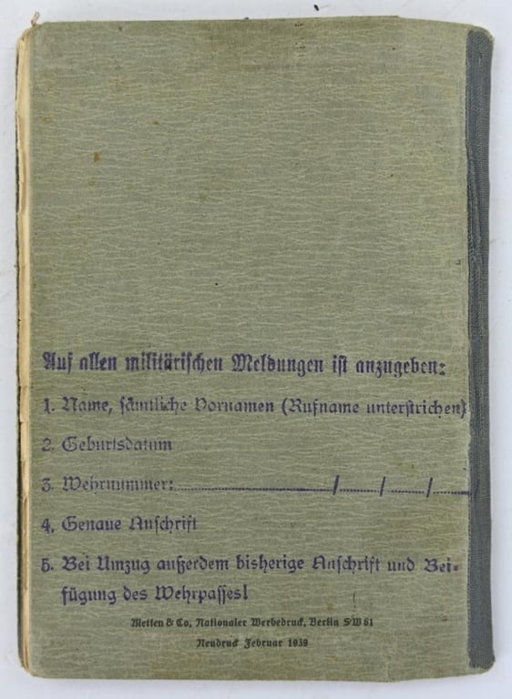 German WH Wehrpass 'Willy Wiebach'