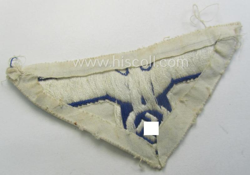 Truly used- and/or tunic-removed, WH (KM) related breast-eagle (ie. 'Brustadler für Mannschaften u. Uffz. der Kriegsmarine') being a 'standard-issue'-pattern-example as executed in the 'BeVo'-weave-pattern on a white-coloured background