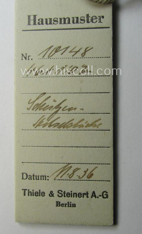 Interesting - and possible unique! - single, TR-period (ie. 1936-dated) 'Schutzenverein'-related (NCO-type) shoulderstrap being a so-called: 'Müsterstück o. Hausmuster' by the company: 'Thiele & Steinert A.G.'