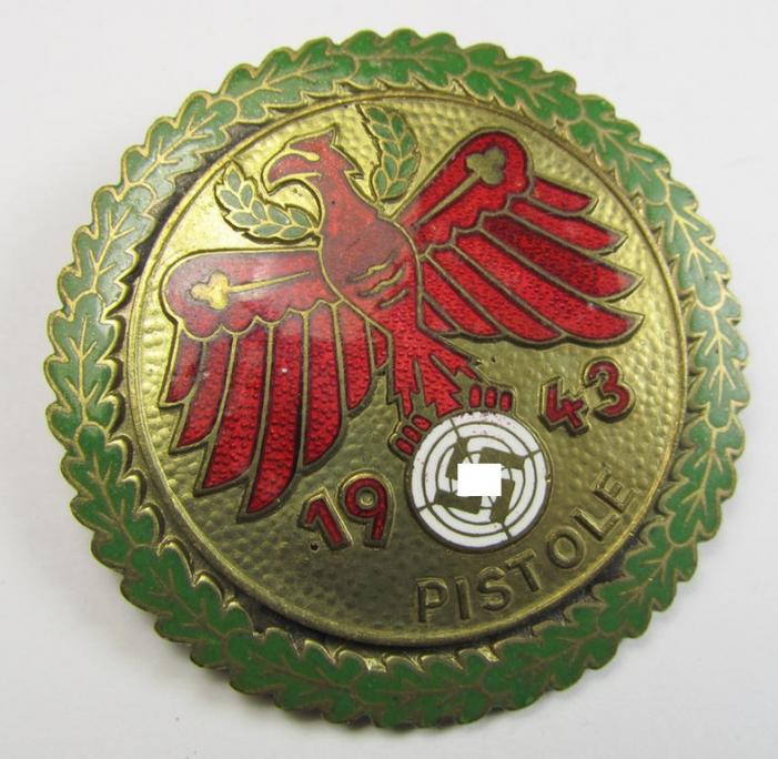 Attractive - and actually not that easily encountered! - so-called: 'Leistungs- abzeichen des Standschützenverband Tirol-Vorarlberg', being a (high-quality-produced-) so-called: 'Gauleistungsabzeichen in Gold für Pistole - 1943'