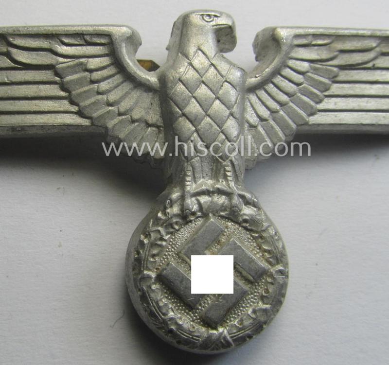 Bright-silver-coloured- and/or: aluminium-based (political-style) visor- (ie. 'Schirmmützen'-) cap-eagle being a detailed example that is neatly: 'RzM' and/or: 'M1/120' marked