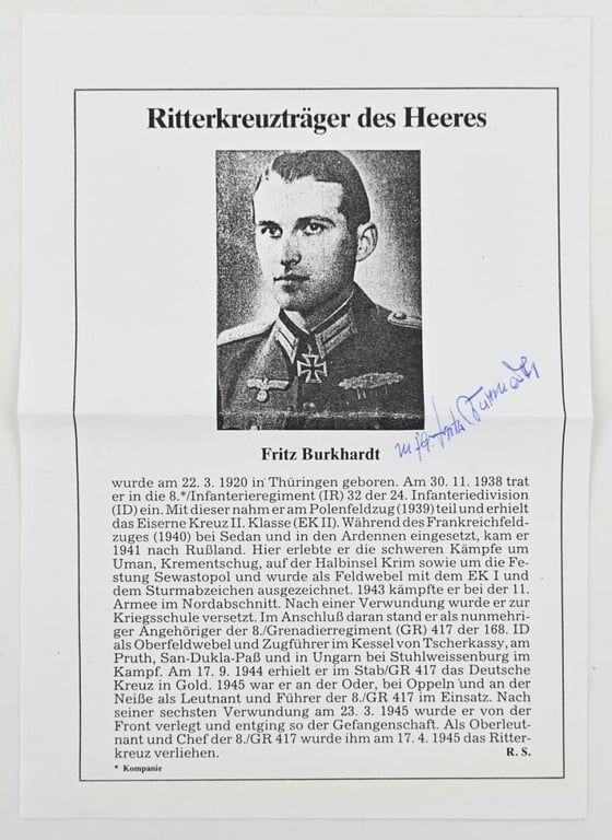 Signature of Wehrmacht Heer KC Recipient 'Fritz Burkhardt'