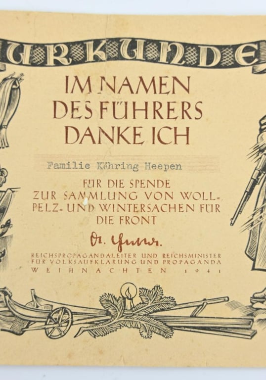 German Third Reich Front Collection Certificate