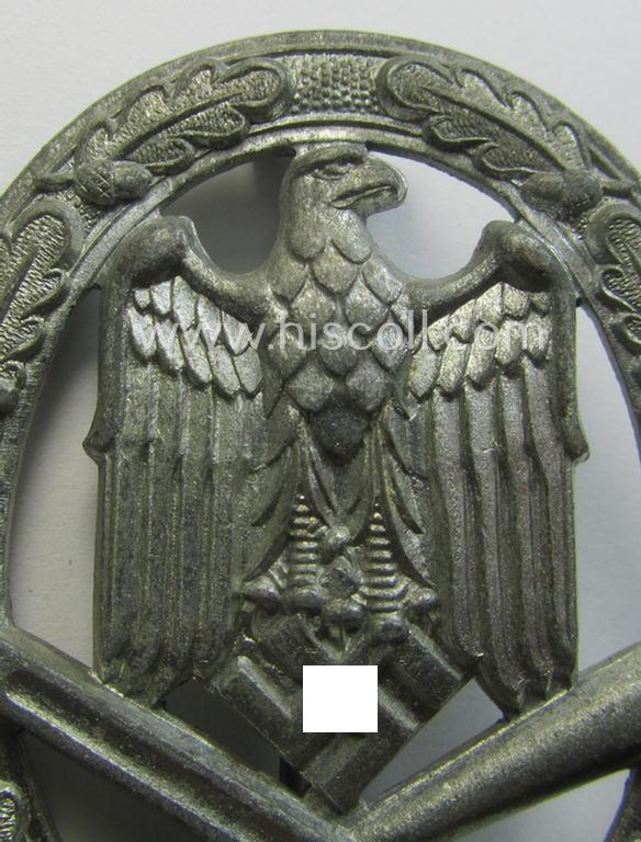 'Allgemeines Sturmabzeichen' (or: General Assault Badge ie. GAB) being a typical unmarked, zinc- (ie. 'Feinzink'-) based so-called: 'flat-back'-pattern by a (by me) unidentified maker