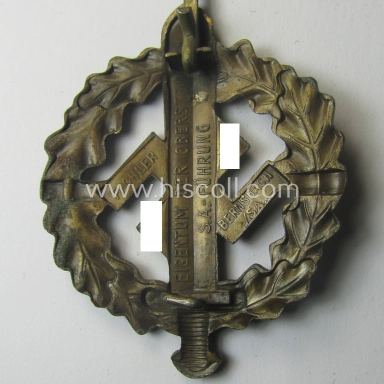 Early- (ie. pre-) war-period example of an: 'SA-Sportabzeichen in Bronze' being a detailed and/or neatly maker- (ie. 'Fechler - Bernsbach i. Sa.'-) marked example that is void of a bearers'-number