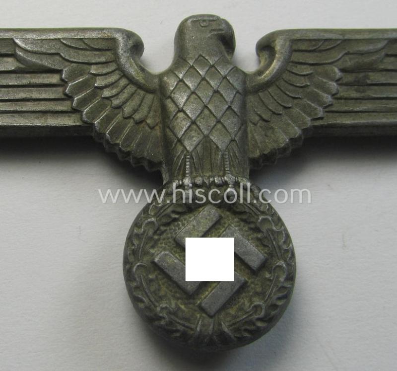 Attractive - greyish-silver-coloured- and/or: zinc- (ie. 'Feinzink'-) based (political-style) visor- (ie. 'Schirmmützen'-) cap-eagle being a detailed example that is neatly: 'RzM' and/or 'M1/49' marked on its back