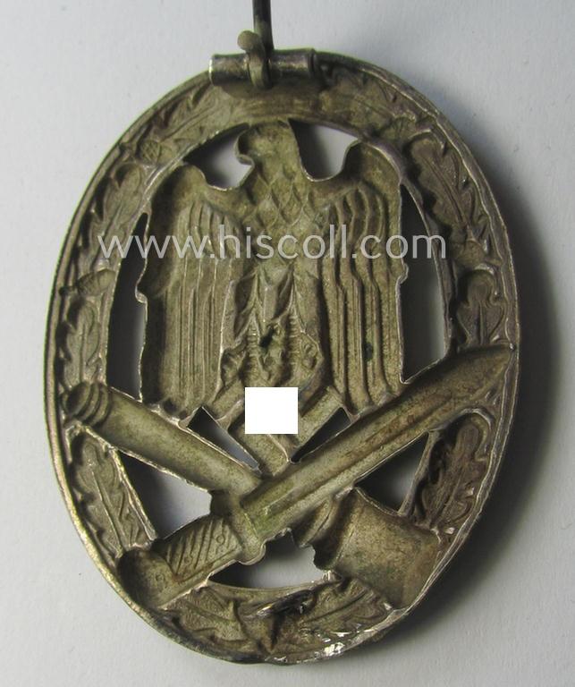 Attractive - and moderately used- ie. worn! - 'Allgemeines Sturmabzeichen' (or: General Assault Badge ie. GAB) being a (typical) unmarked 'Buntmetall'-based and/or scarcely seen 'hollow-back'-version as produced by the: 'Otto Schickle'-compan...