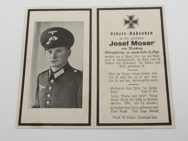 Wehrmacht ( Gebirgsjäger ) Death Card