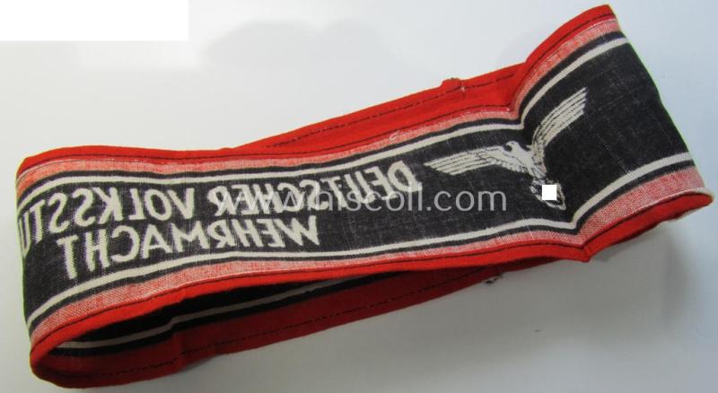 Superb, typically printed- and/or later-war-period, bright-red- and/or black-coloured so-called: 'Deutscher Volkssturm'-armband (ie. 'Armbinde') that comes in an overall very nice- (I deem hardly used- nor worn- ie. 'virtually mint'-), conditio...