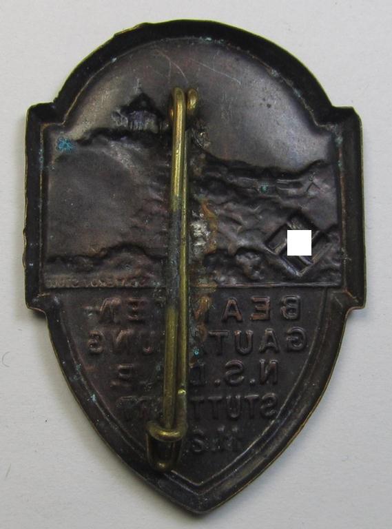 Fairly early-period, zinc-based- ie. copper-toned, N.S.D.A.P.-related day-badge (ie. 'tinnie') as was issued to commemorate an: 'N.S.D.A.P.'-gathering entitled: 'Beambten-Gautagung N.S.D.A.P. - Stuttgart - 11.2.34'