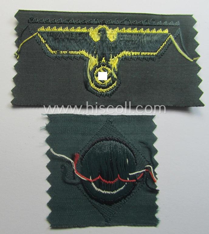 WH (KM ie. 'Küsten-Marine o. Marine-Art.') side-cap-eagle and cocarde-set (being a 'virtually mint- ie. unissued' set as executed in golden-yellow-coloured linnen on a darker-green-coloured background)
