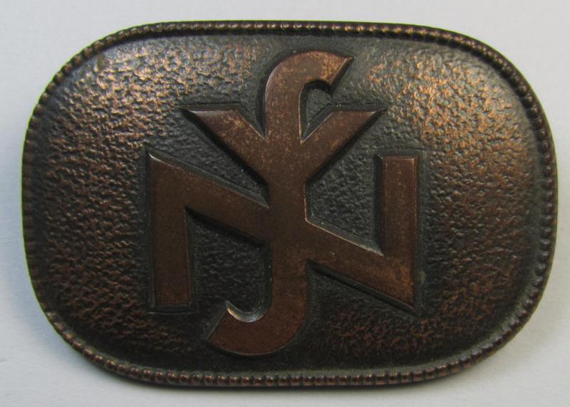 Attractive, so-called: N.S.V. (ie. 'Nationalsocialistische Volkswohlfahrt') membership-lapel-pin (ie. 'Brosche') as executed in bronze-toned 'Buntmetall' as was specifically intended for: 'Staatlich geprüfte Kindergärtnerinnen'