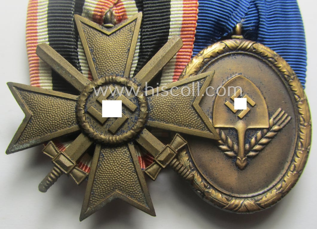 2-pieced RAD- (ie. 'Reichsarbeitsdienst'-) related medal-bar (ie. 'Orden- o. Doppelspange') showing resp. a: 'Kriegsverdienstkreuz II. Klasse mit Schwn.' and a: 'RAD-Dienstauszeichnung 4. Stf. für Männer'