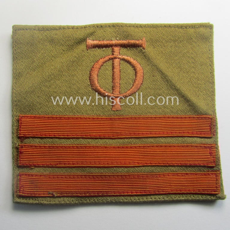 Pair of OT- (ie.: 'Organisation Todt'-) related golden-brown-coloured, enlisted-mens'- (ie. NCO-) pattern rank-patches (ie. 'OT-Dienstgraden-Abzeichen')
