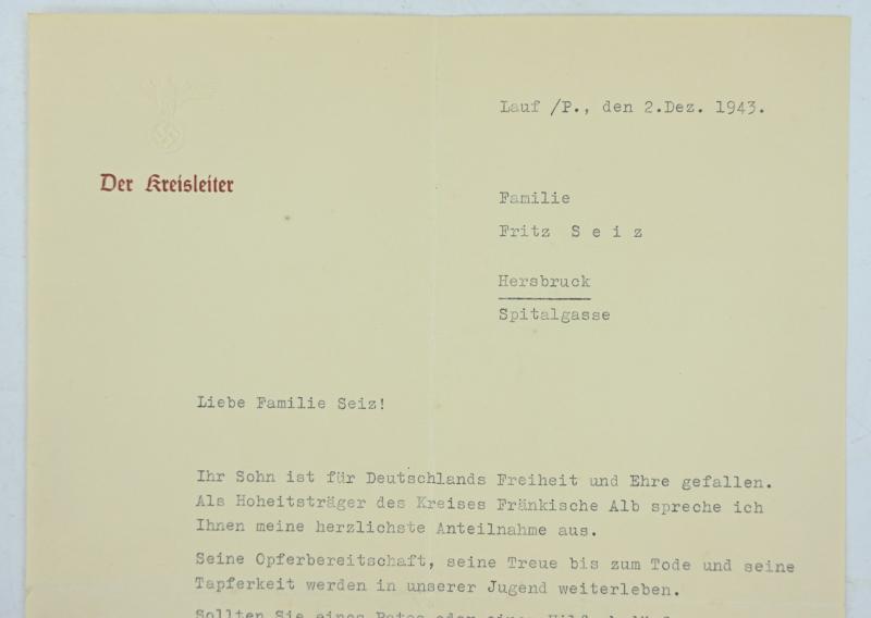 German NSDAP Letter Fallen Soldier