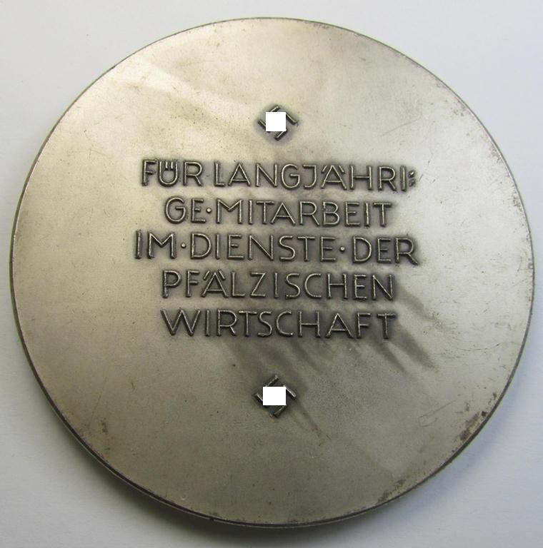 Larger-sized- and bright-silver-toned so-called: award-plaque (or: 'Erinnerungs- o. nichttragbare Medaille') showing 3 figures and that is entitled: 'Für langjährige Mitarbeit im Dienste der Pfälzischen Wirtschaft'