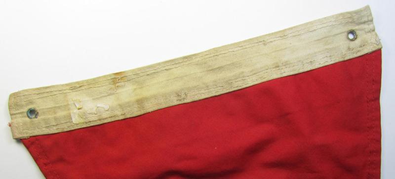 Attractive, medium- (ie. somewhat larger-) sized N.S.D.A.P.-related so-called: 'Fahrrad- o. Hausfahne' (being fabricated in typical, linnen-based- and/or printed fabric) and that comes in an overall nice, albeit moderately used, condition