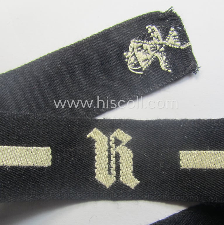 RAD (ie. 'Reichsarbeitsdienst') EM- (ie. NCO-) pattern, commemorative cuff-title (ie. 'Dienstärmelstreifen') depicting a capital 'R'-character (as was intended for the EM-/NCO-staff working on the various 'Westwall'-fortifications)
