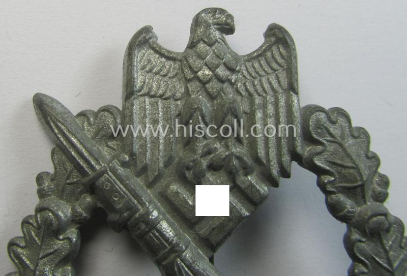 Attractive, 'Infanterie Sturmabzeichen in Silber', being an unmarked (and/or converse- ie. vaulted-) 'hollow-back' example by the maker: 'Friedrich Linden' (ie. 'F.L.L.') as executed in greyish-silver-coloured, zinc-based metal (ie. 'Feinzin...
