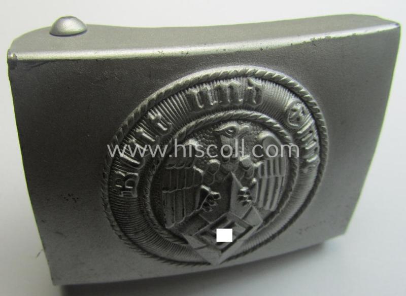 HJ (ie. 'Hitlerjugend') matted silver-coloured- (ie. steel-based- and/or 'silver-sprayed'-pattern) belt-buckle being a neatly maker- (ie. 'RzM M4/42'-) marked example that comes in a just minimally used- ie. worn, condition