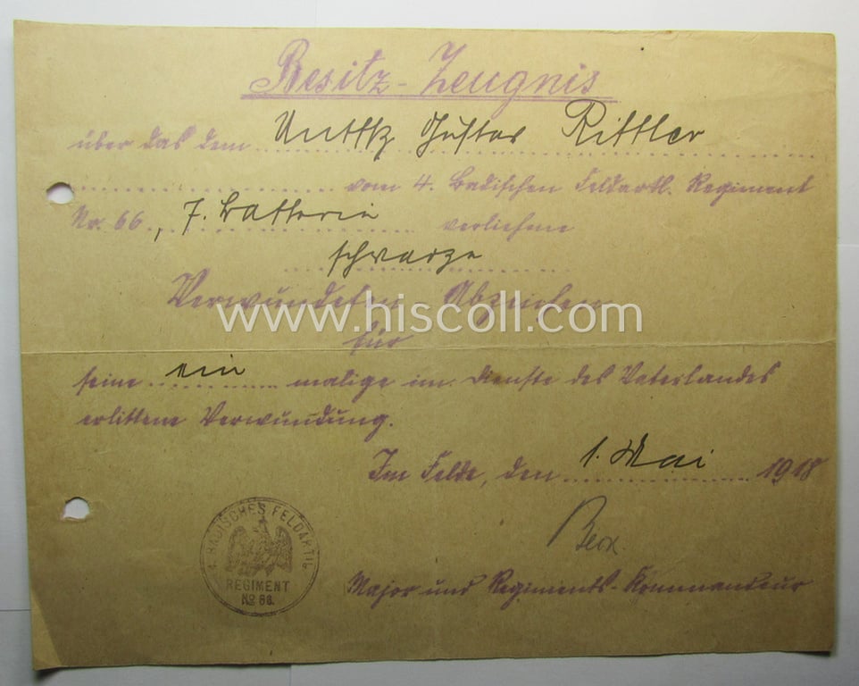 Interesting, 8-pieced 'WWI'- (ie. TR-) related grouping comprising of a 5-pieced medal-bar (ie. 'Ordenspange'), 2 ribbon-bars, a black-class wound-badge and 4 award-documents as awarded to Gustav Adolf Rittler