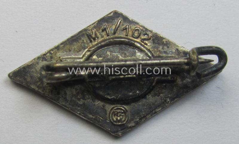HJ (ie. 'Hitlerjugend') enamelled lapel-pin (ie.: 'Raute') with a: 'RzM - M1/102'-makers'-designation