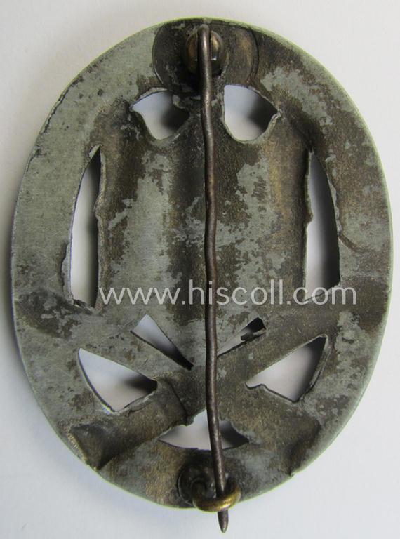 'Allgemeines Sturmabzeichen' (or: General Assault Badge ie. GAB) being a typical unmarked, zinc-based- (ie. 'Feinzink'-) and/or: 'semi-hollow-back'-version as was (I deem) produced by the: 'Rudolf Karneth'-company