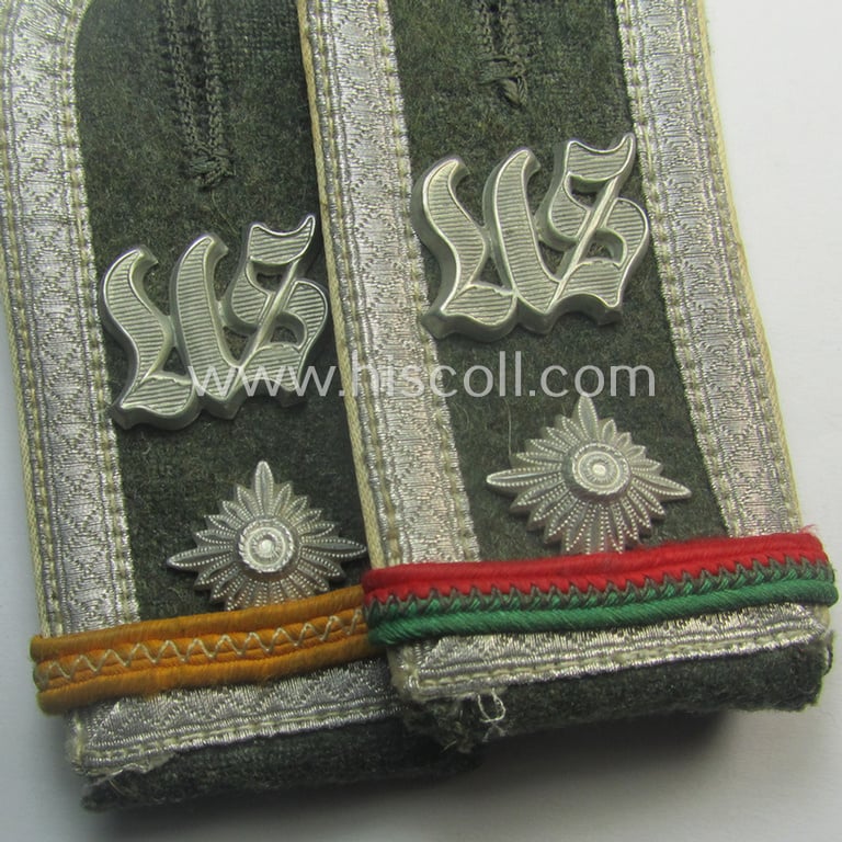 Truly worn - and fully matching! - pair of WH (Heeres) early- (ie. mid-war-) period (ie. 'M41 o. M43'-pattern), 'cyphered' NCO-type shoulderstraps as was intended for usage by a: 'Feldwebel der Infanterie und Mitglied einer Unteroffizierschule'