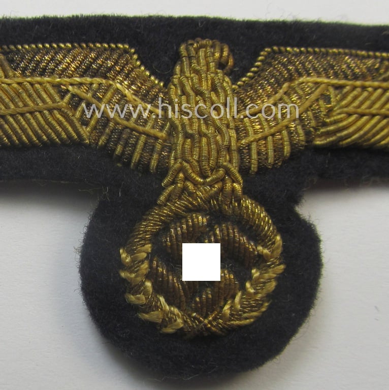 Superb, WH (Kriegsmarine) officers'-type, hand-embroidered visor-cap-eagle (ie. 'Schirmmützenadler für Offiziere der KM') as intended for usage on the various naval, officers'-pattern visor-caps