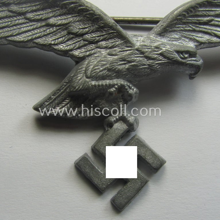 WH (Luftwaffe) 'hollow-styled'- and zinc-based breast-eagle for usage onto the white summer-tunics (ie. 'Brustadler für Sommerrock') being a detailed- and 'A'- (ie. 'Assmann & Söhne'-) marked specimen