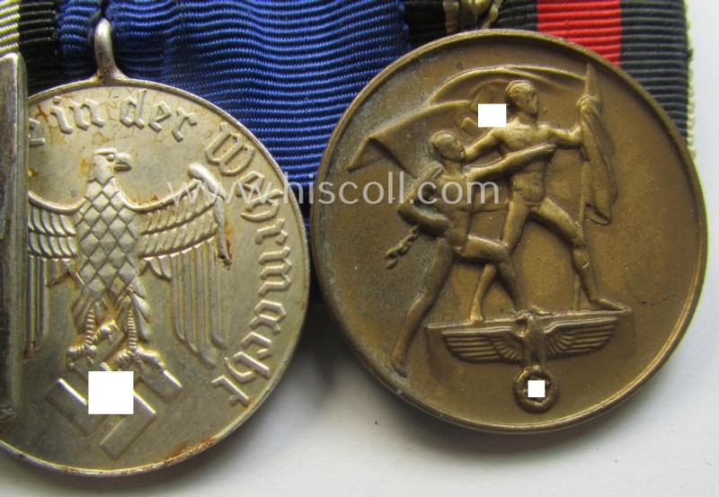 3-pieced WH (Heeres o. KM etc.) medal-bar (ie.: 'Ordenspange') resp. showing an: 'EKII. Kl.', a: 'WH-DA 4. St.' and a Czech 'Anschluss'-medal