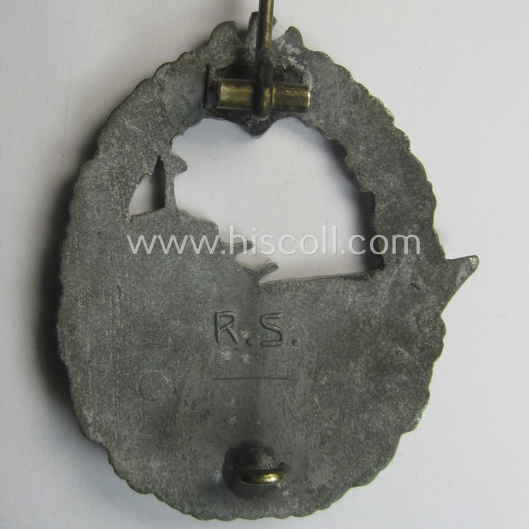 WH (Kriegsmarine) so-called: WH (Kriegsmarine) 'Zerstörerkriegsabzeichen' being a maker- (ie. 'RS'-) marked example as was produced by the: 'Rudolf Souval'-company
