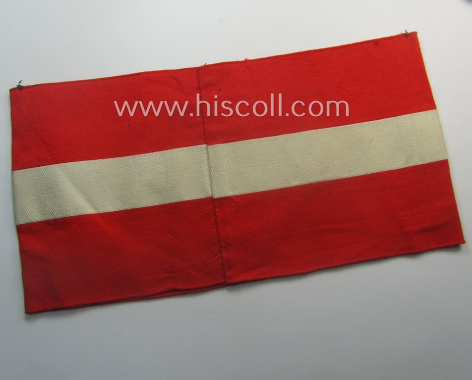 Attractive - and scarcely found! - 'standard-issued'- (ie. entirely woven) pattern, bright-red-coloured HJ- (ie. 'Hitlerjugend'-) related armband (ie. 'Armbinde') being a minimally used example that still shows its period-attached 'RzM'-etiket